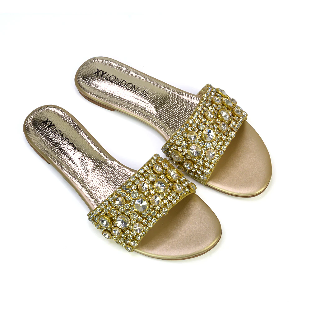 Brielle Metallic Slip On Diamante Flat Sandal Sliders in Silver - Image 90