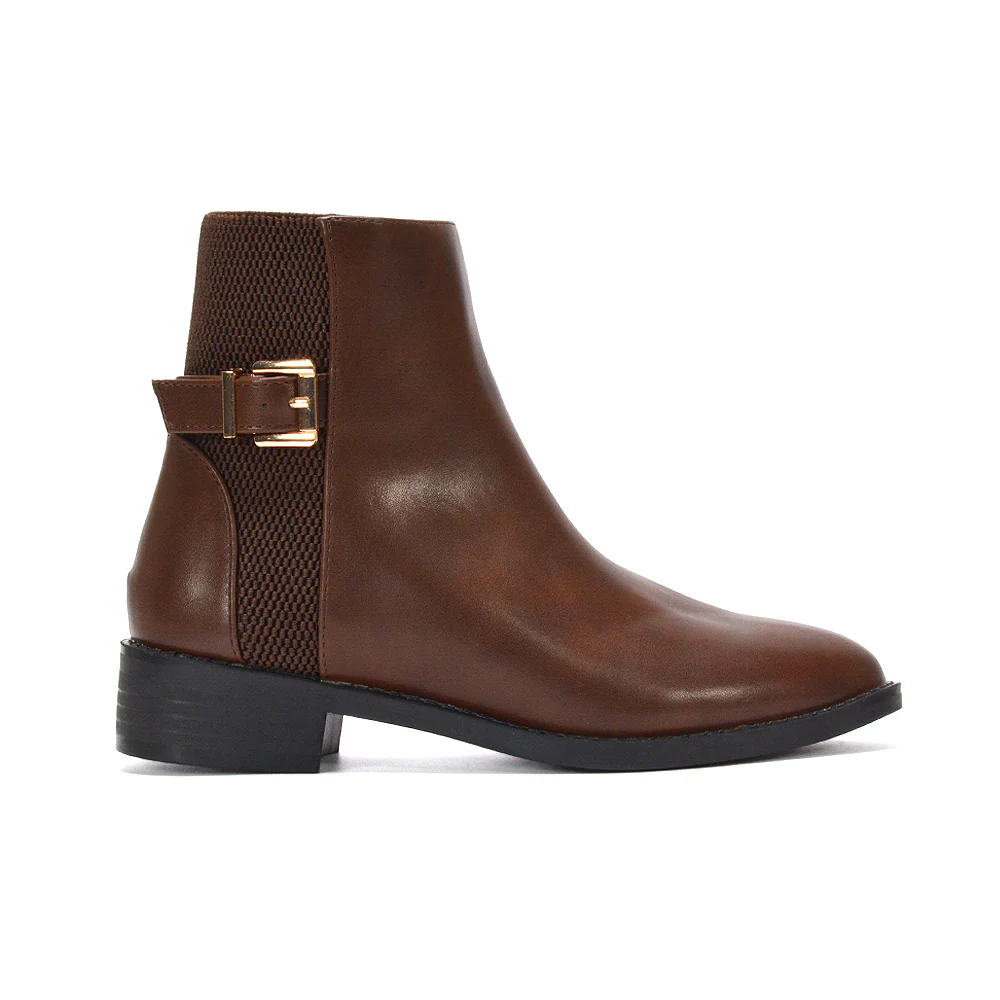 Britney Block Heel Zip Up Chelsea Stretch Ankle Boots in Brown Synthetic Leather