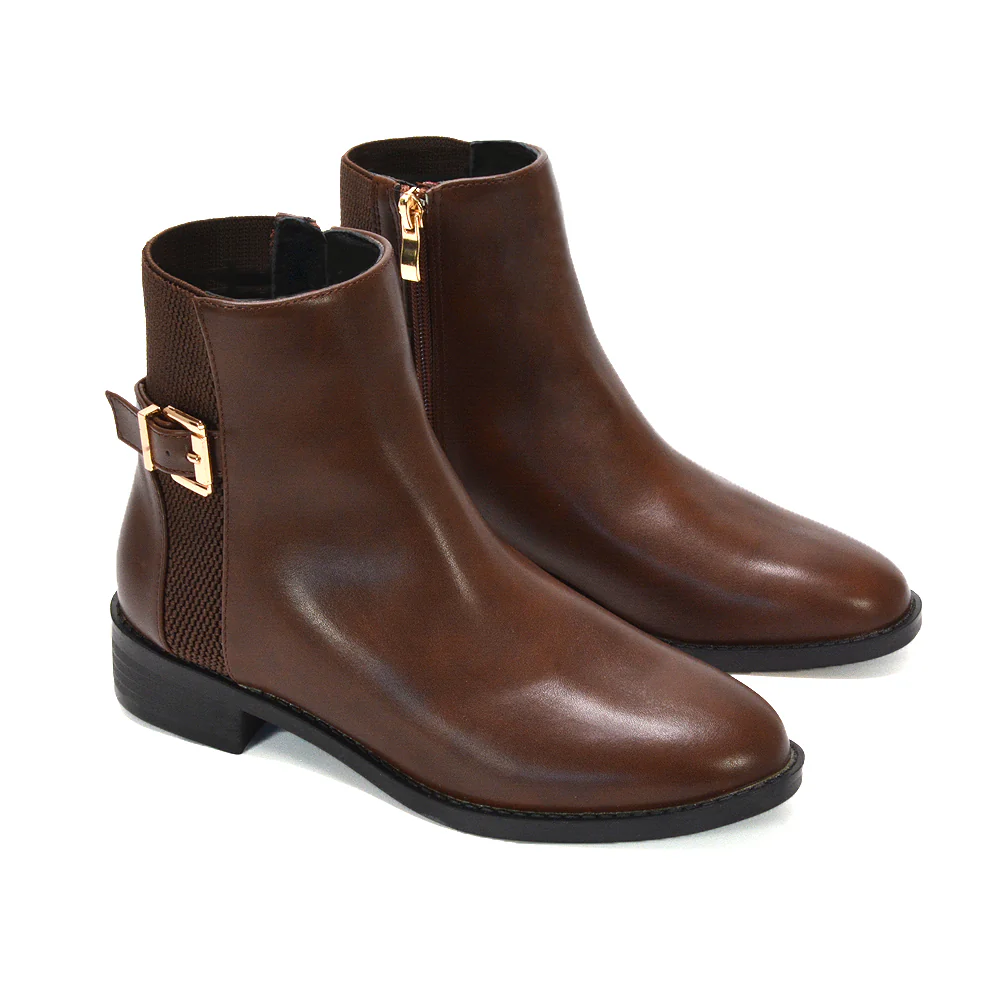 Britney Block Heel Zip Up Chelsea Stretch Ankle Boots in Brown Synthetic Leather - Image 6