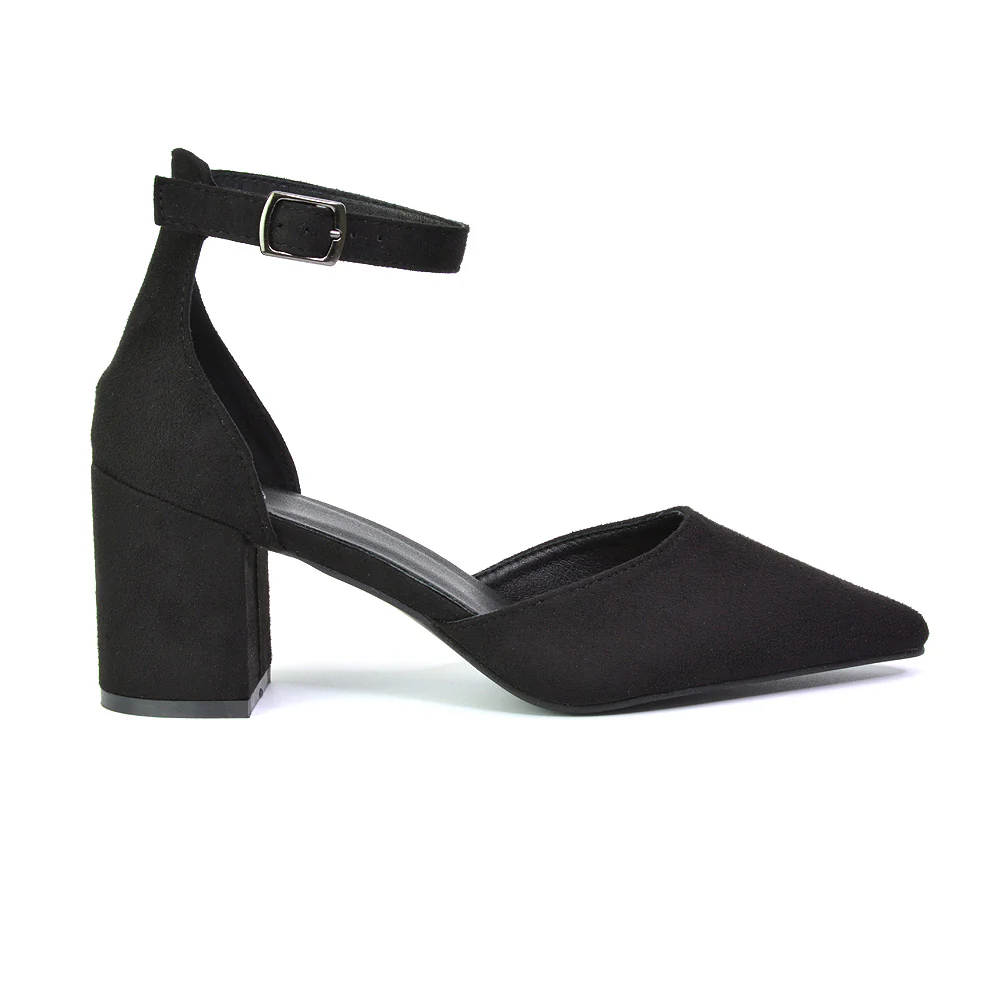 Bronte Pointed Toe Strappy Mid Block Heel Sandal Court Shoes in Gold - Image 153