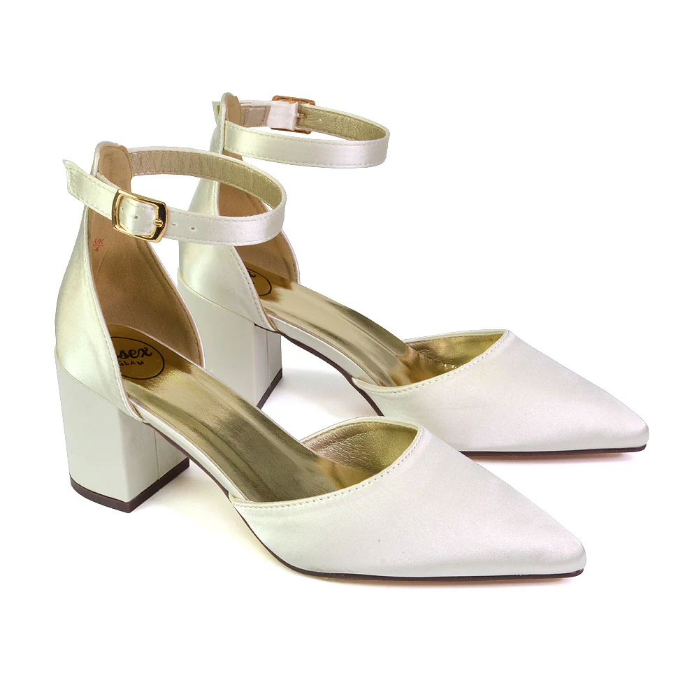 Bronte Pointed Toe Strappy Mid Block Heel Sandal Court Shoes in Gold - Image 63