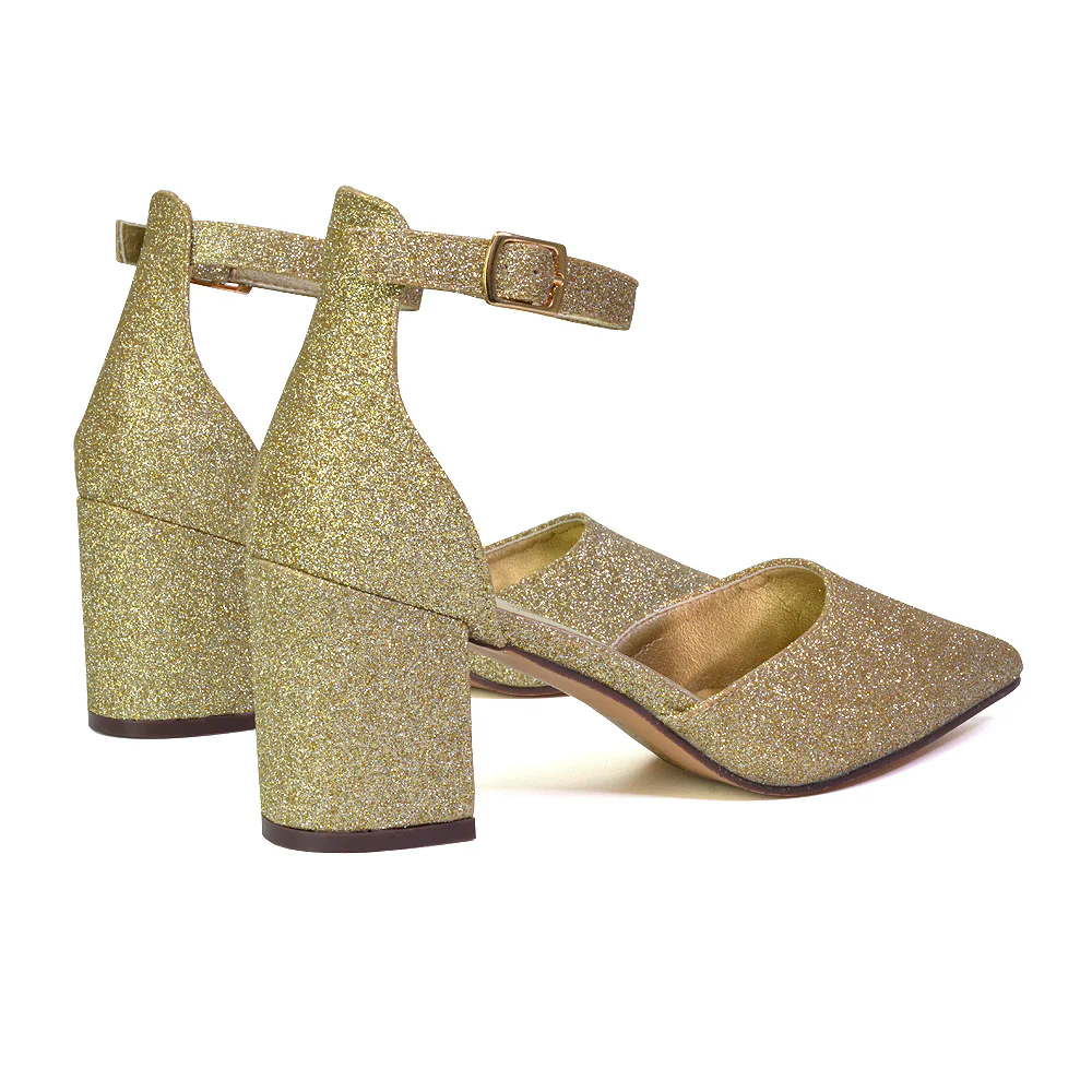 Bronte Pointed Toe Strappy Mid Block Heel Sandal Court Shoes in Ivory - Image 112