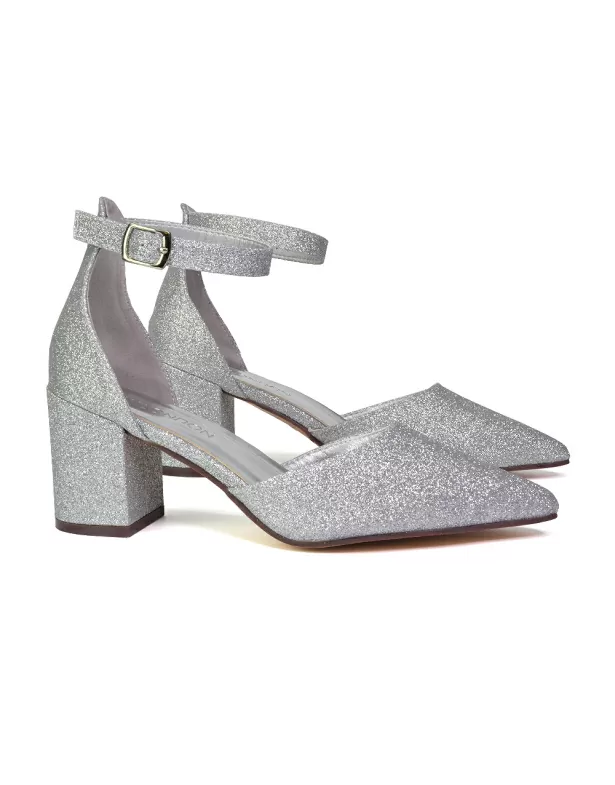 Bronte Pointed Toe Strappy Mid Block Heel Sandal Court Shoes in Silver - Image 2