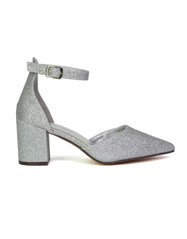 Bronte Pointed Toe Strappy Mid Block Heel Sandal Court Shoes in Silver - Image 3