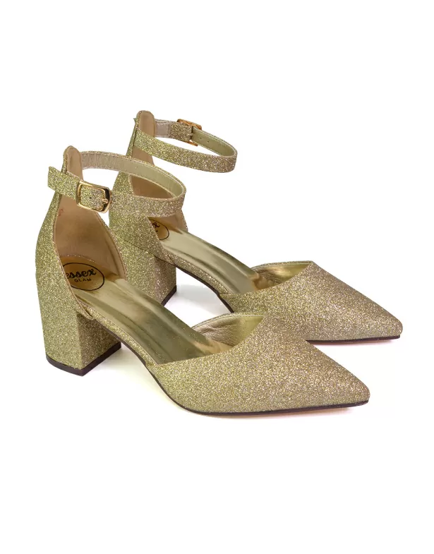 Bronte Pointed Toe Strappy Mid Block Heel Sandal Court Shoes in Silver - Image 6