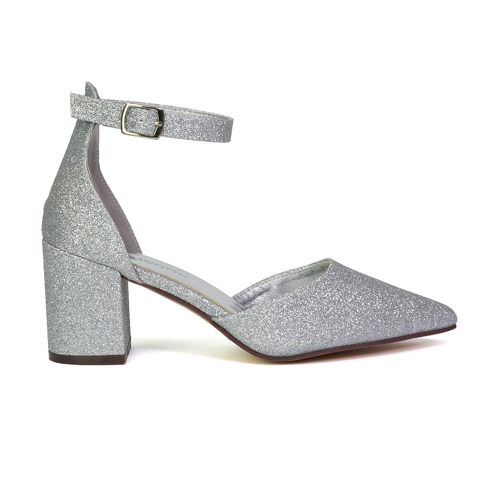 Bronte Pointed Toe Strappy Mid Block Heel Sandal Court Shoes in Silver - Image 71