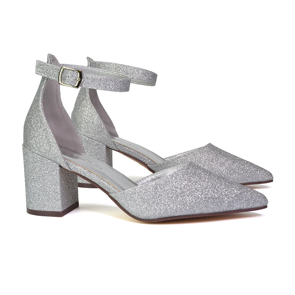 Bronte Pointed Toe Strappy Mid Block Heel Sandal Court Shoes in Silver - Image 72