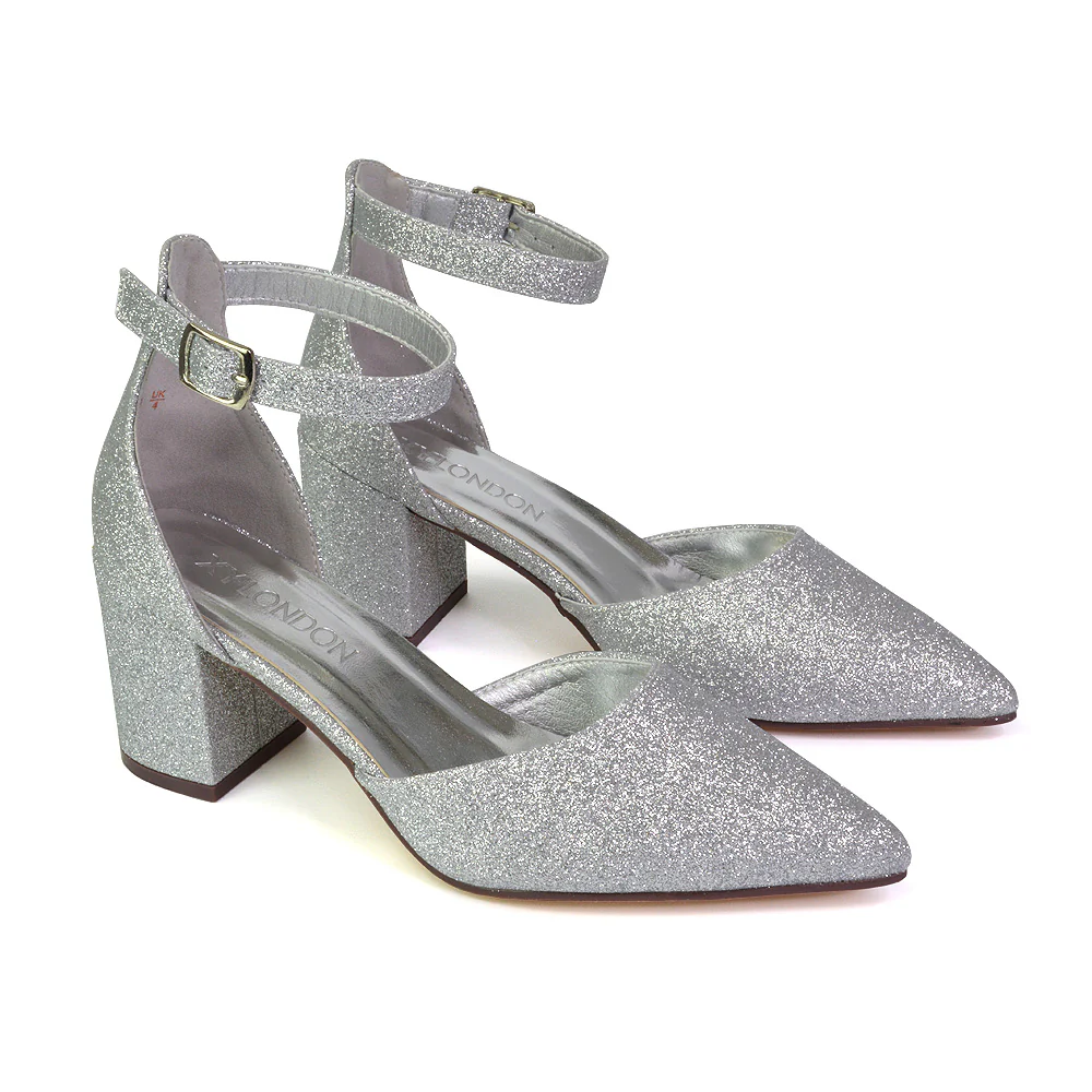 Bronte Pointed Toe Strappy Mid Block Heel Sandal Court Shoes in Silver - Image 8