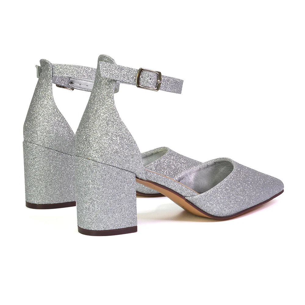 Bronte Pointed Toe Strappy Mid Block Heel Sandal Court Shoes in Silver - Image 82