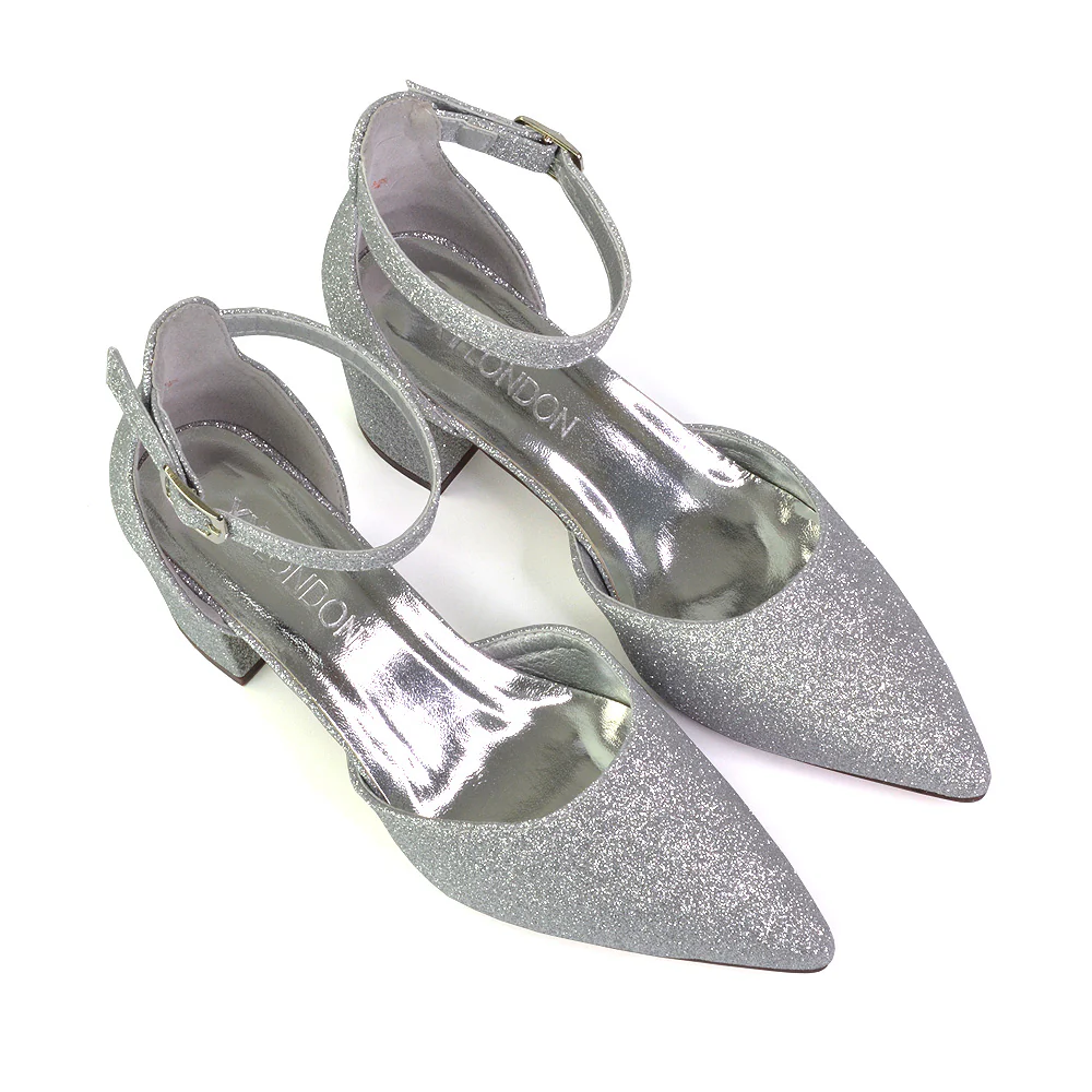 Bronte Pointed Toe Strappy Mid Block Heel Sandal Court Shoes in Silver - Image 89