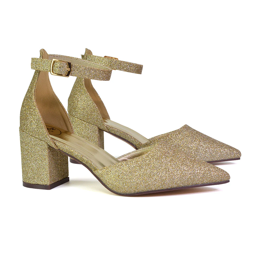 Bronte Pointed Toe Strappy Mid Block Heel Sandal Court Shoes in White - Image 122