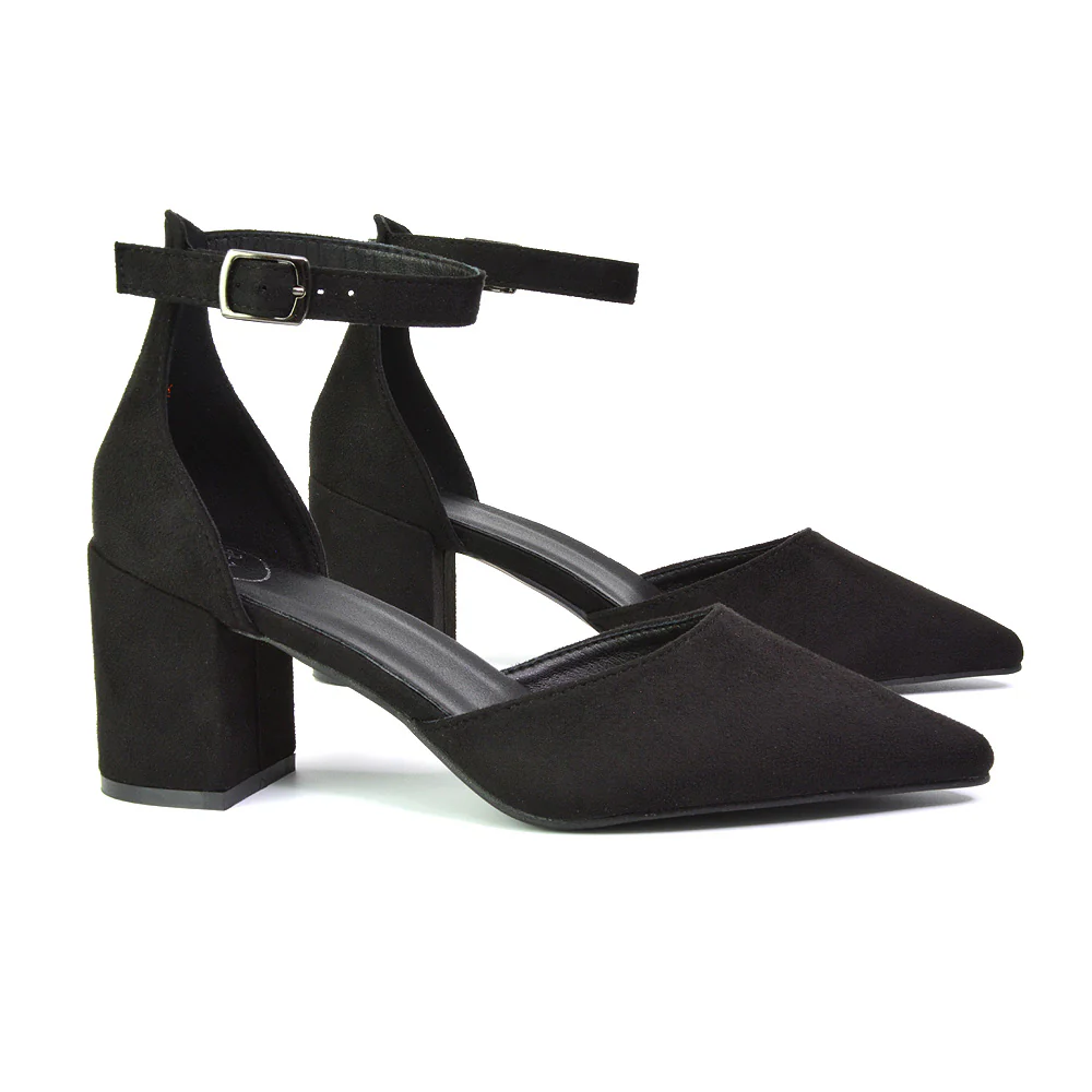 Bronte Pointed Toe Strappy Mid Block Heel Sandal Court Shoes in White - Image 132