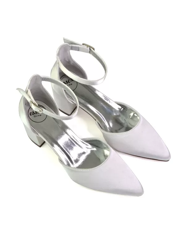 Bronte Pointed Toe Strappy Mid Block Heel Sandal Court Shoes in White - Image 2