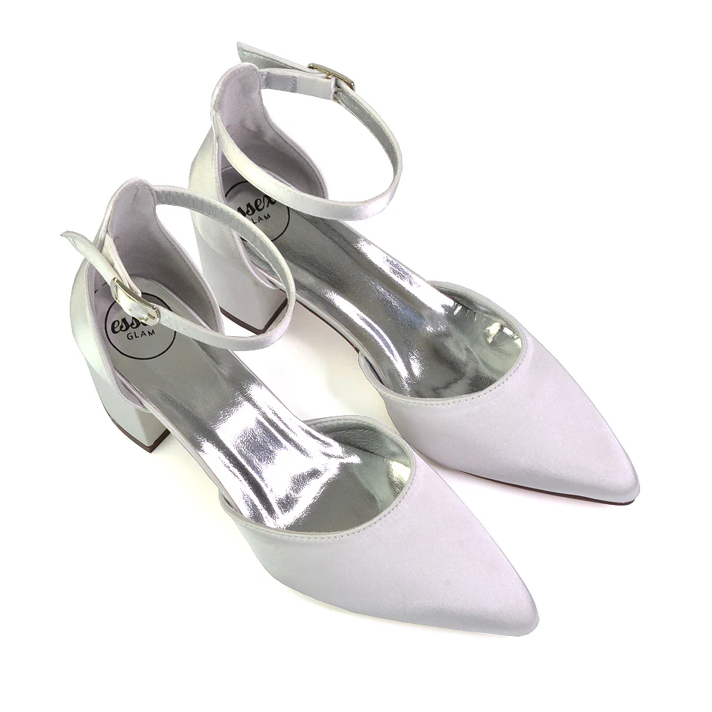 Bronte Pointed Toe Strappy Mid Block Heel Sandal Court Shoes in White - Image 36