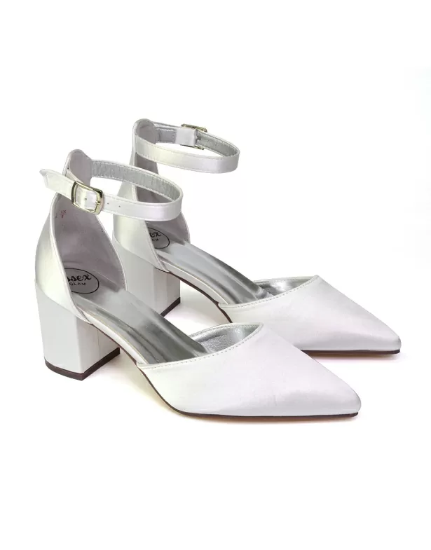 Bronte Pointed Toe Strappy Mid Block Heel Sandal Court Shoes in White - Image 4