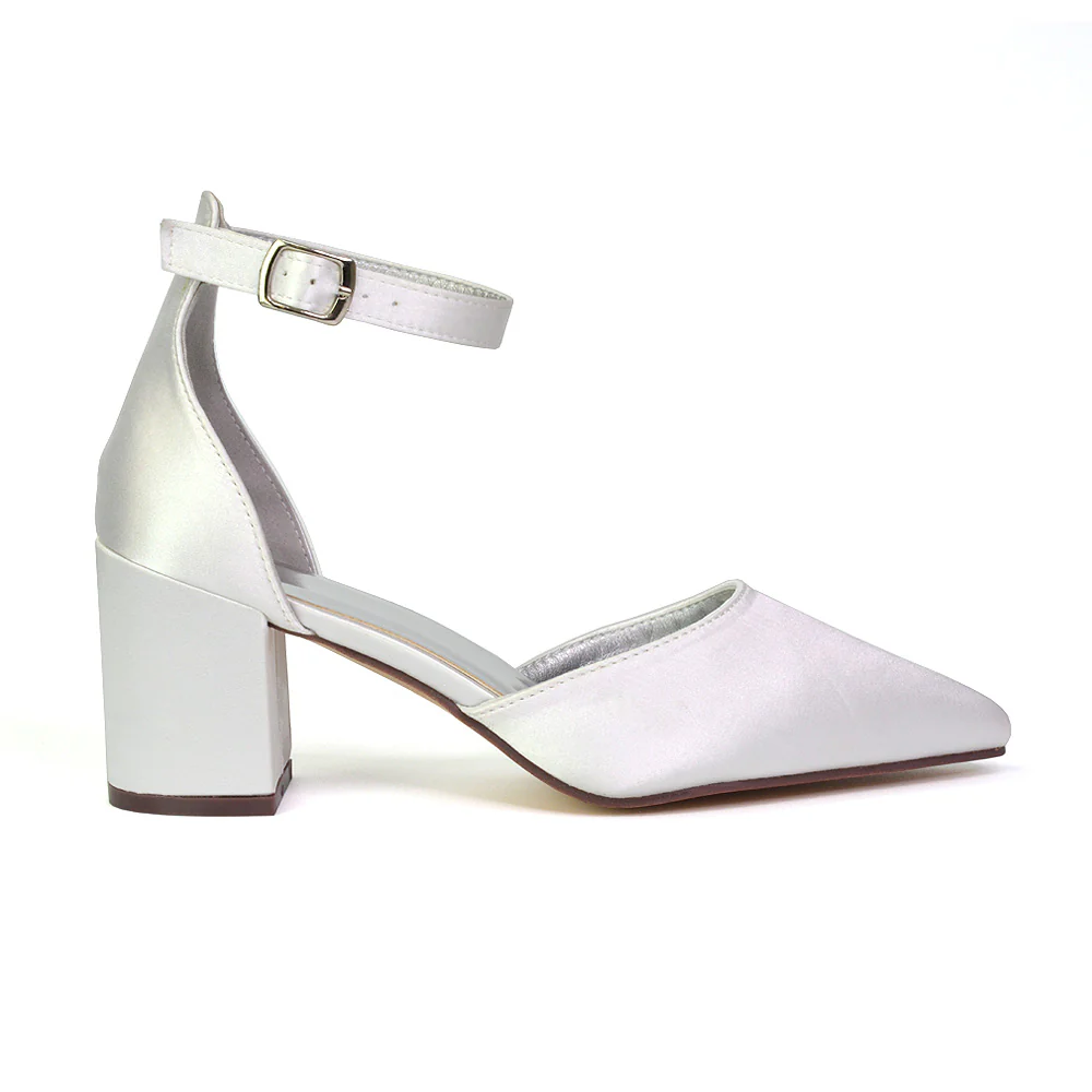 Bronte Pointed Toe Strappy Mid Block Heel Sandal Court Shoes in White - Image 9