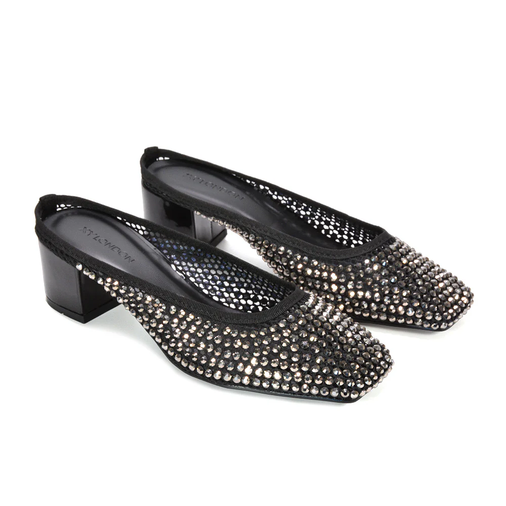 Brook Diamante Crystal Mesh Square Toe Court Shoe Mule Block Heels in Black - Image 6