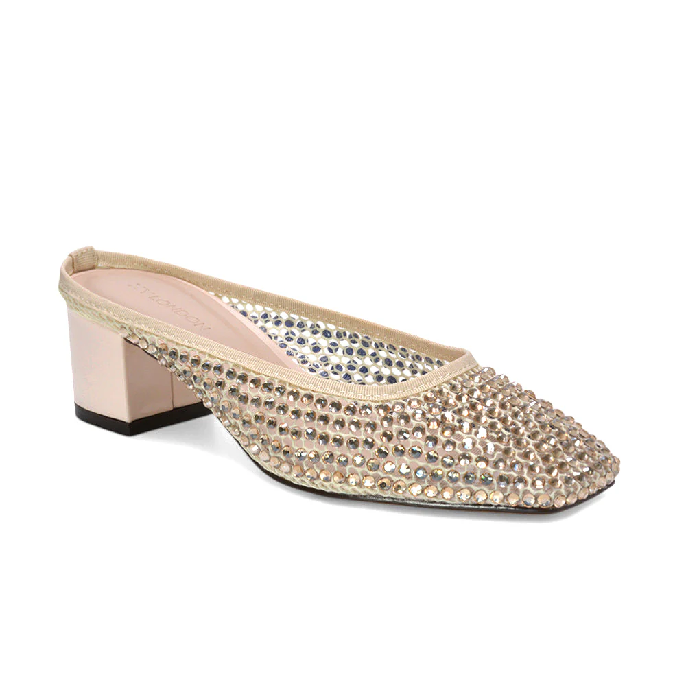 Brook Diamante Crystal Mesh Square Toe Court Shoe Mule Block Heels in Black - Image 10
