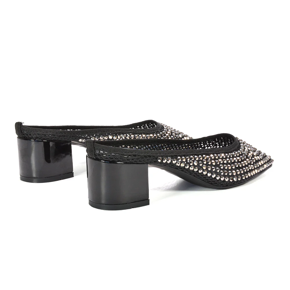 Brook Diamante Crystal Mesh Square Toe Court Shoe Mule Block Heels in Black - Image 4
