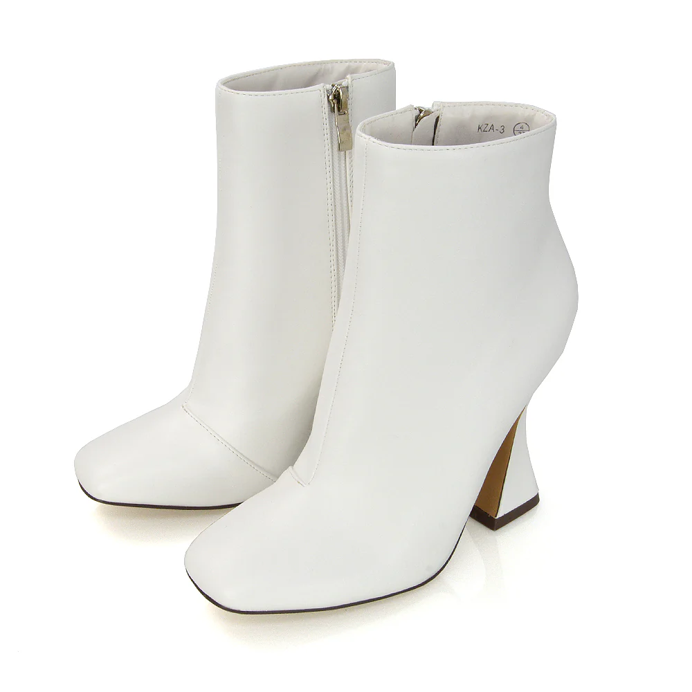 BROOKE SQUARE TOE INSIDE ZIP-UP SCULPTURED HIGH HEEL ANKLE BOOTS IN WHITE SYNTHETIC LEATHER - Image 109
