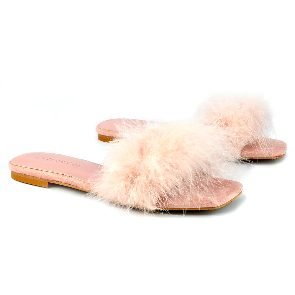 BROOKLYN FLAT FAUX FUR FLUFFY STRAPPY SLIP ON SQUARE TOE SANDAL SLIDERS IN BLACK - Image 16