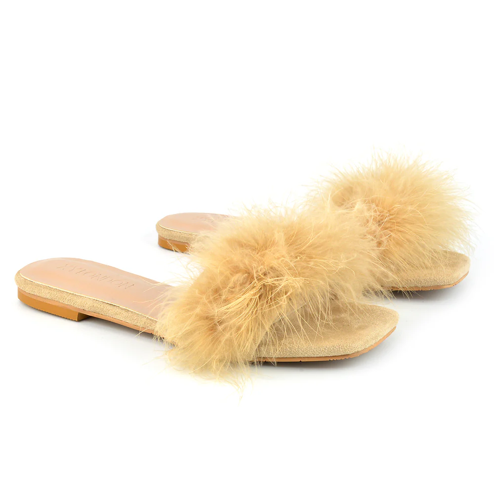 BROOKLYN FLAT FAUX FUR FLUFFY STRAPPY SLIP ON SQUARE TOE SANDAL SLIDERS IN BLACK - Image 22