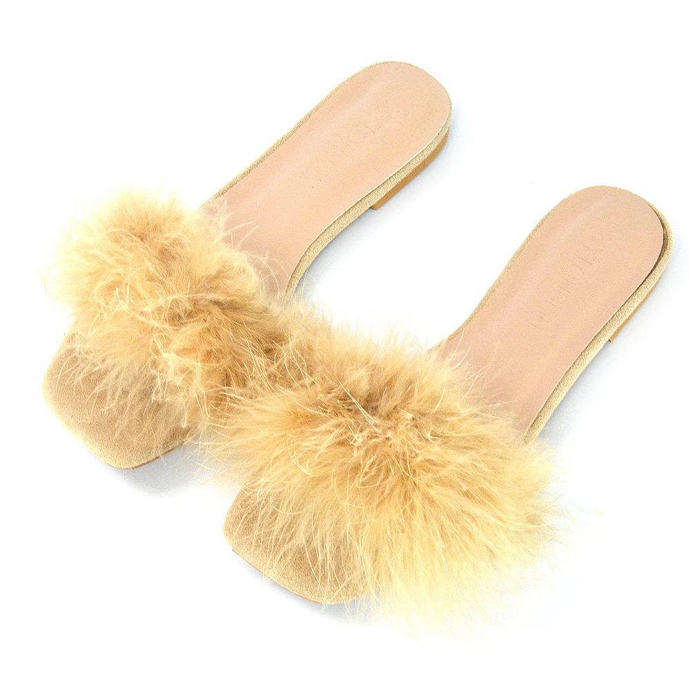 BROOKLYN FLAT FAUX FUR FLUFFY STRAPPY SLIP ON SQUARE TOE SANDAL SLIDERS IN BLACK - Image 31