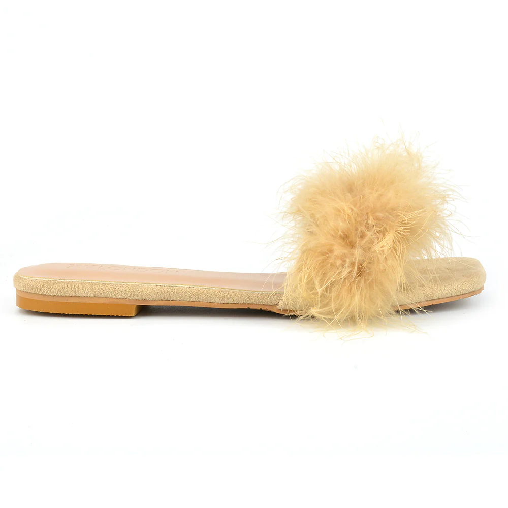 BROOKLYN FLAT FAUX FUR FLUFFY STRAPPY SLIP ON SQUARE TOE SANDAL SLIDERS IN BLACK - Image 44