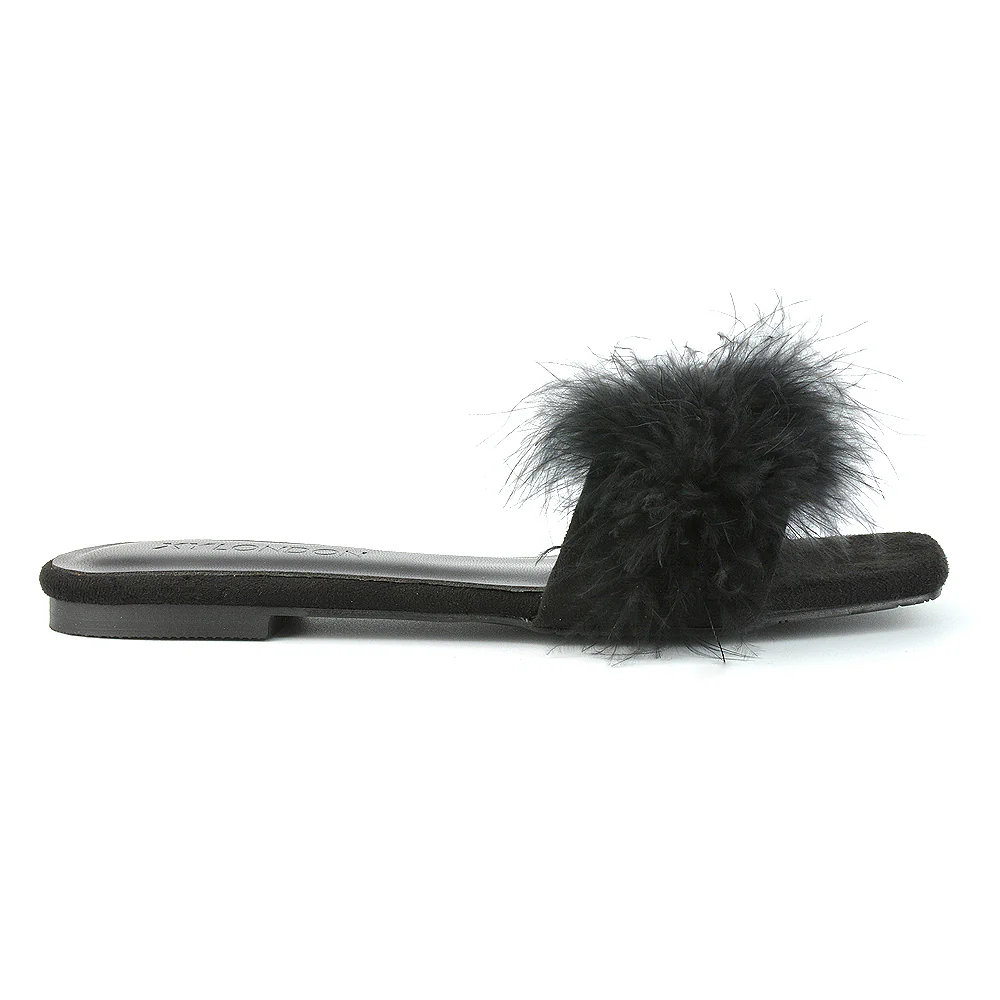BROOKLYN FLAT FAUX FUR FLUFFY STRAPPY SLIP ON SQUARE TOE SANDAL SLIDERS IN BLACK - Image 47