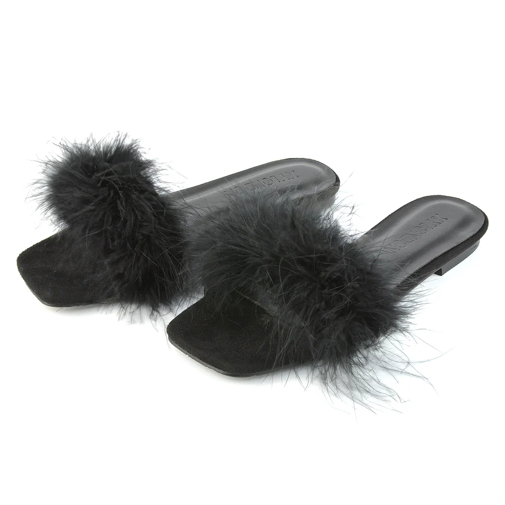 BROOKLYN FLAT FAUX FUR FLUFFY STRAPPY SLIP ON SQUARE TOE SANDAL SLIDERS IN BLACK - Image 48