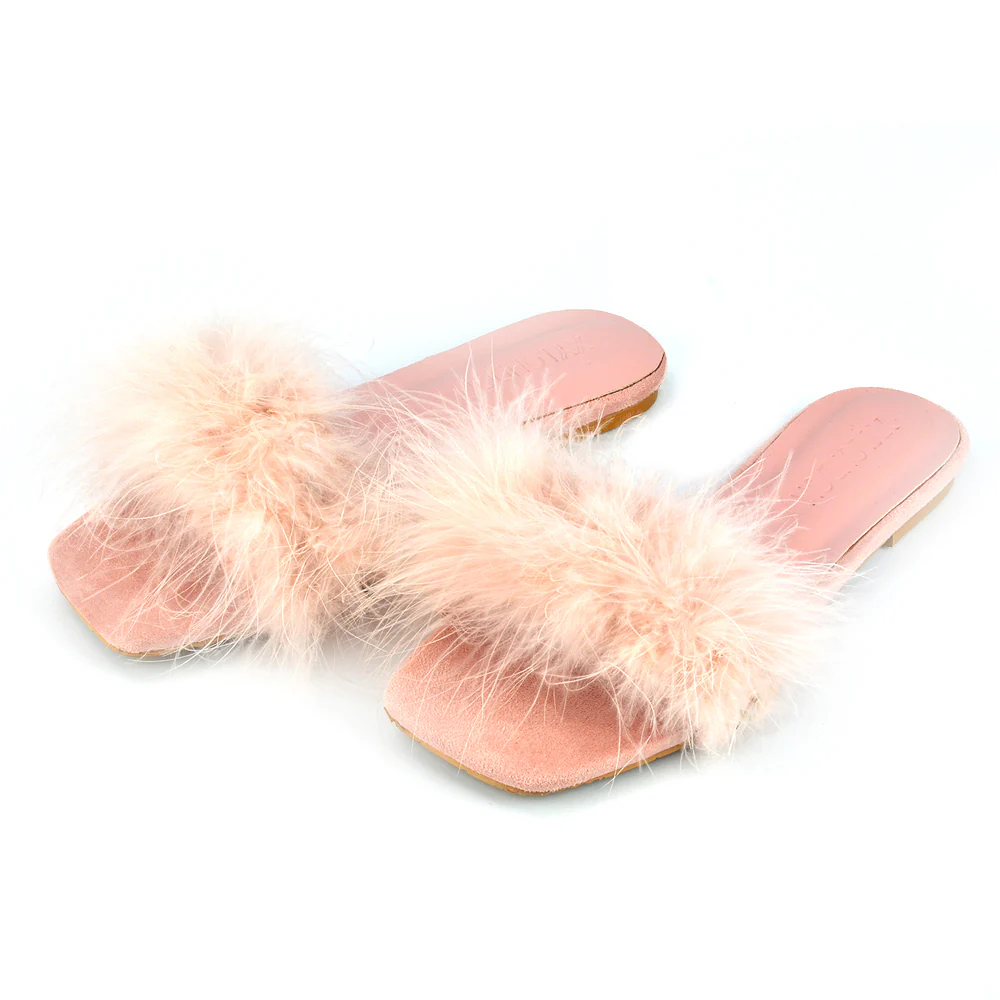 BROOKLYN FLAT FAUX FUR FLUFFY STRAPPY SLIP ON SQUARE TOE SANDAL SLIDERS IN BLACK - Image 6