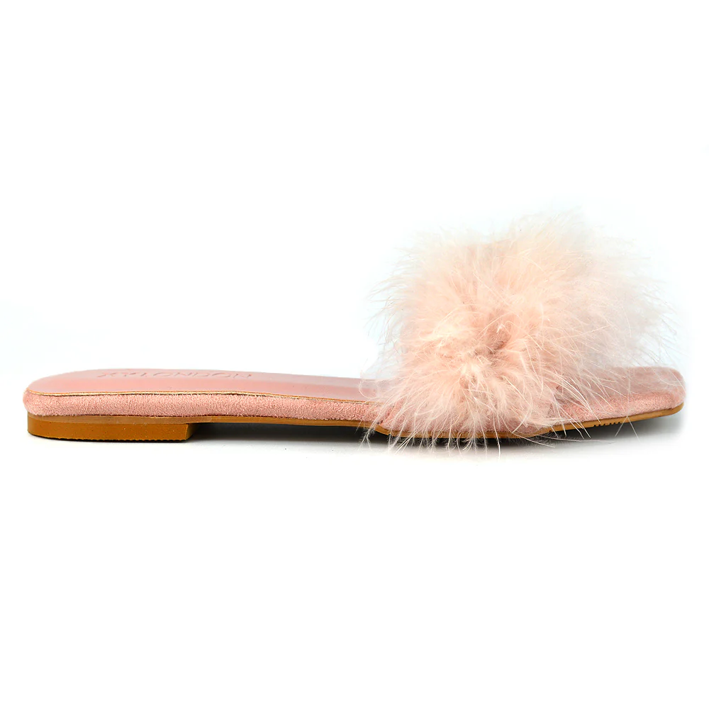 BROOKLYN FLAT FAUX FUR FLUFFY STRAPPY SLIP ON SQUARE TOE SANDAL SLIDERS IN BLACK - Image 8