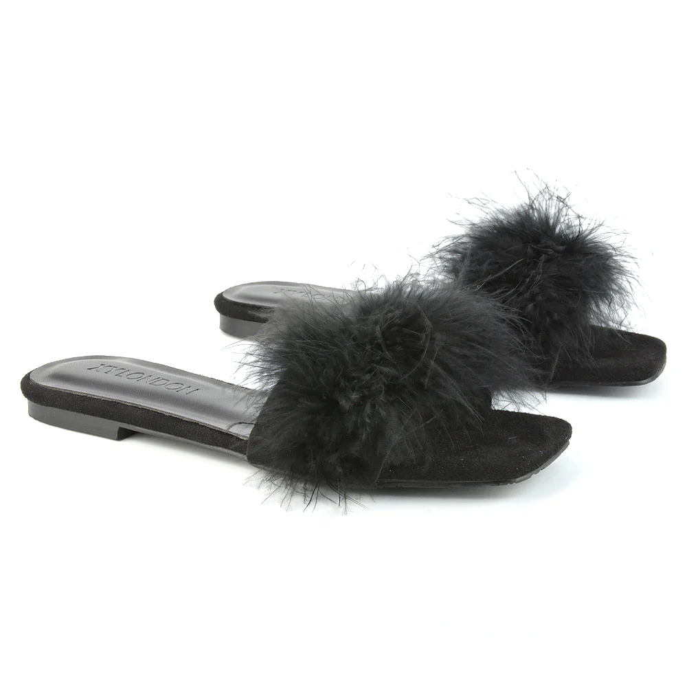 BROOKLYN FLAT FAUX FUR FLUFFY STRAPPY SLIP ON SQUARE TOE SANDAL SLIDERS IN PINK - Image 49
