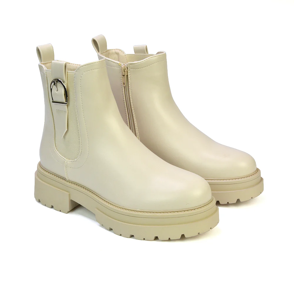 Bryce Chunky Heel Sole Slip On Zip Up Chelsea Ankle Boots in Nude Synthetic Leather - Image 19