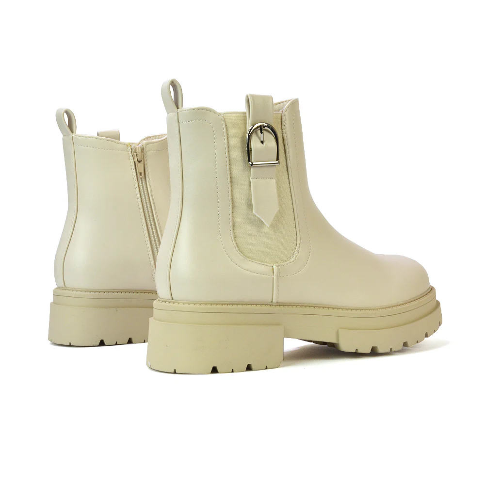 Bryce Chunky Heel Sole Slip On Zip Up Chelsea Ankle Boots in Nude Synthetic Leather - Image 20