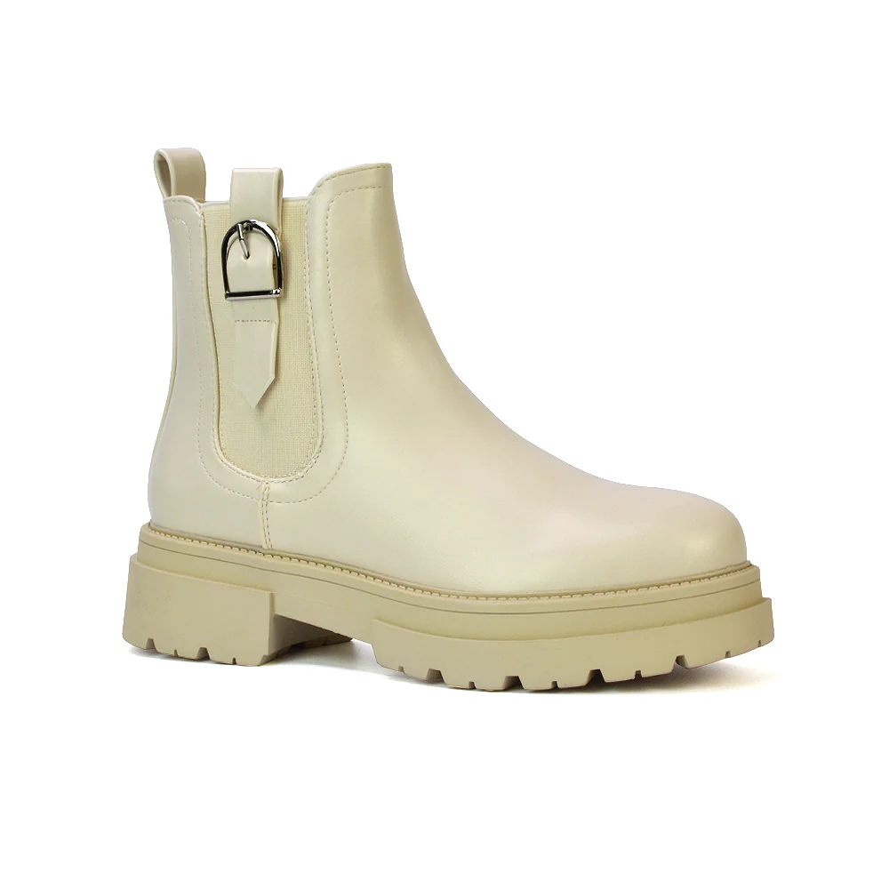 Bryce Chunky Heel Sole Slip On Zip Up Chelsea Ankle Boots in Nude Synthetic Leather - Image 34