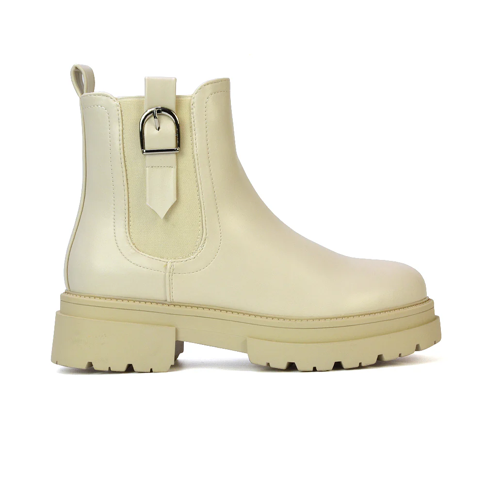 Bryce Chunky Heel Sole Slip On Zip Up Chelsea Ankle Boots in Nude Synthetic Leather - Image 5