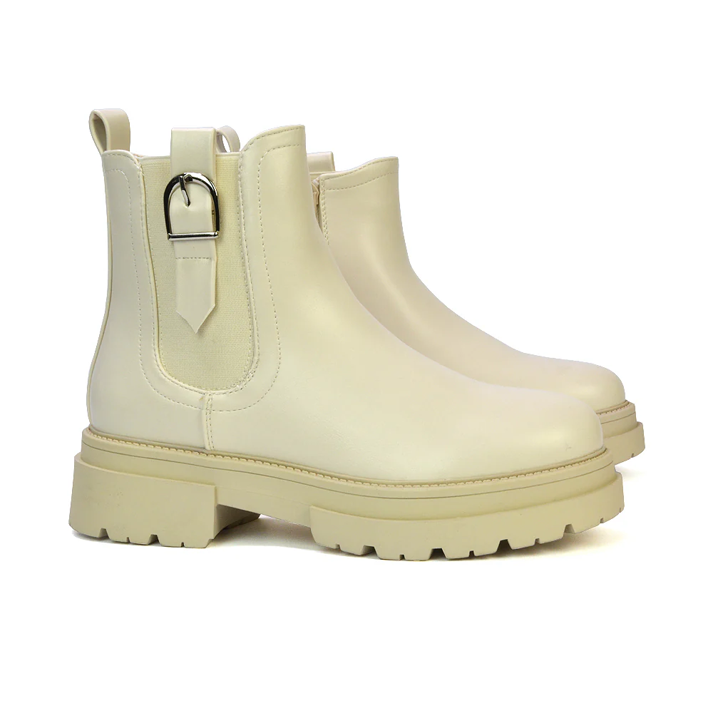 Bryce Chunky Heel Sole Slip On Zip Up Chelsea Ankle Boots in Nude Synthetic Leather - Image 6