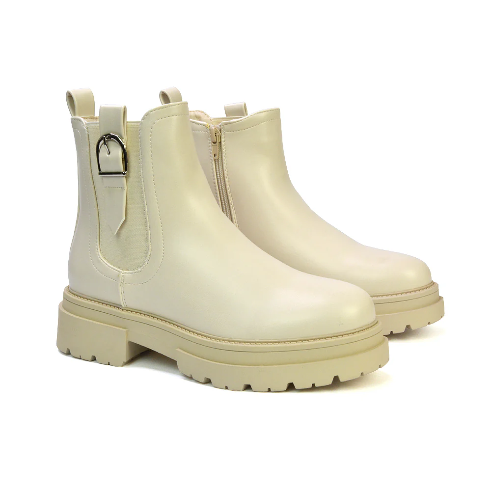 Bryce Chunky Heel Sole Slip On Zip Up Chelsea Ankle Boots in Nude Synthetic Leather - Image 9