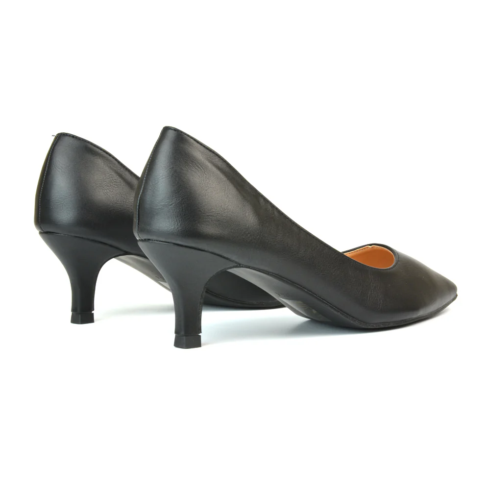 Cali Pointed Toe Court Shoes With a Low Kitten Heel In Black Synthetic Leather - Image 20