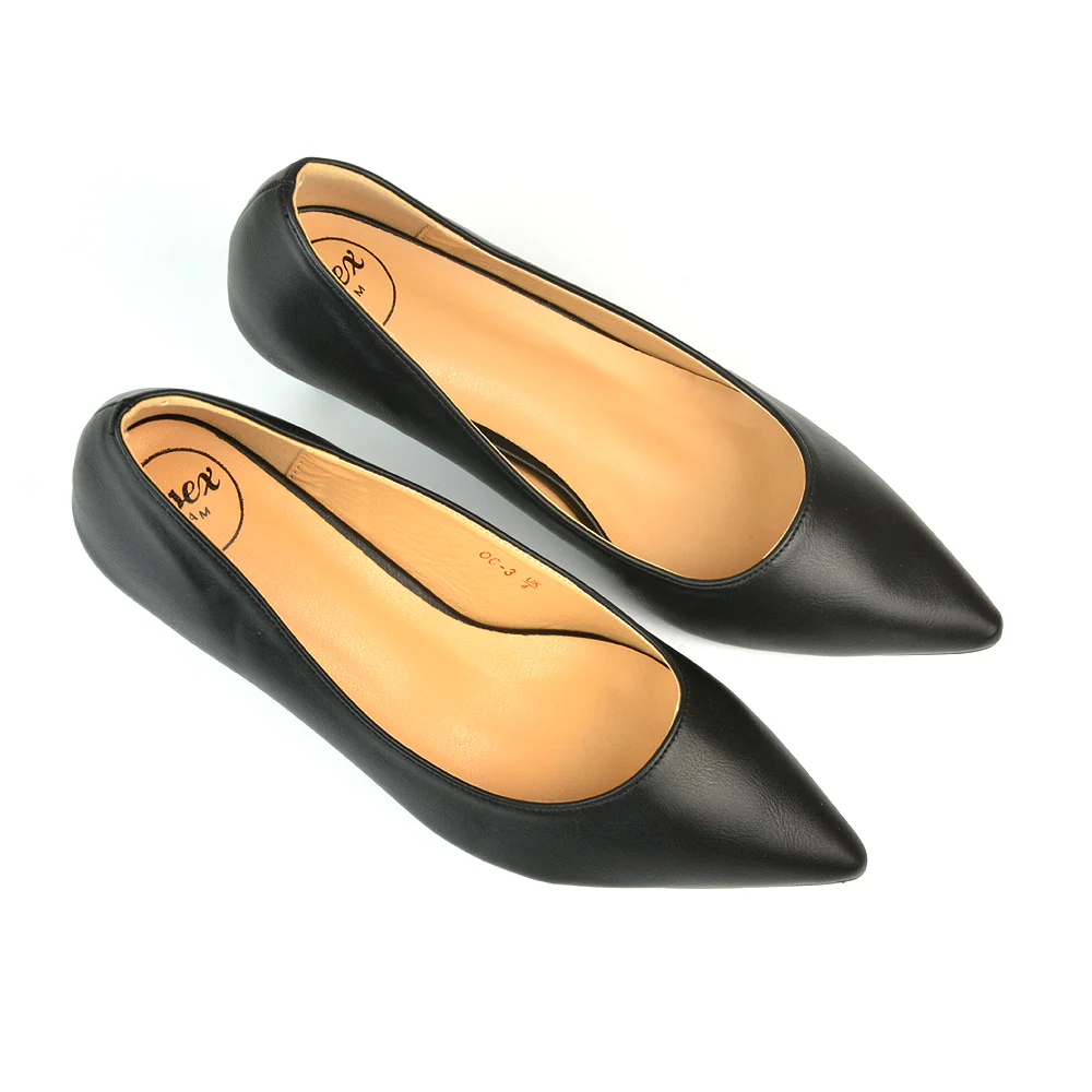 Cali Pointed Toe Court Shoes With a Low Kitten Heel In Black Synthetic Leather - Image 27