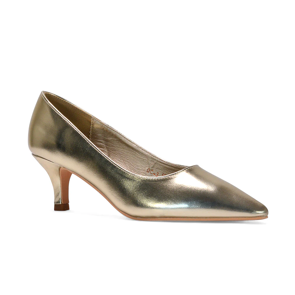 Cali Pointed Toe Court Shoes With a Low Kitten Heel in Gold Metallic - Image 6