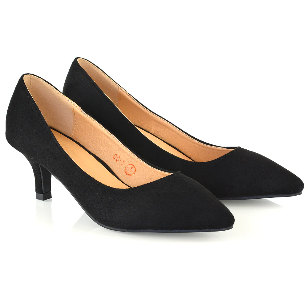 Cali Pointed Toe Slip on Low Stiletto Kitten High Heel Court Shoes in Black - Image 3