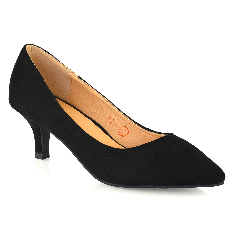 Cali Pointed Toe Slip on Low Stiletto Kitten High Heel Court Shoes in Black - Image 40