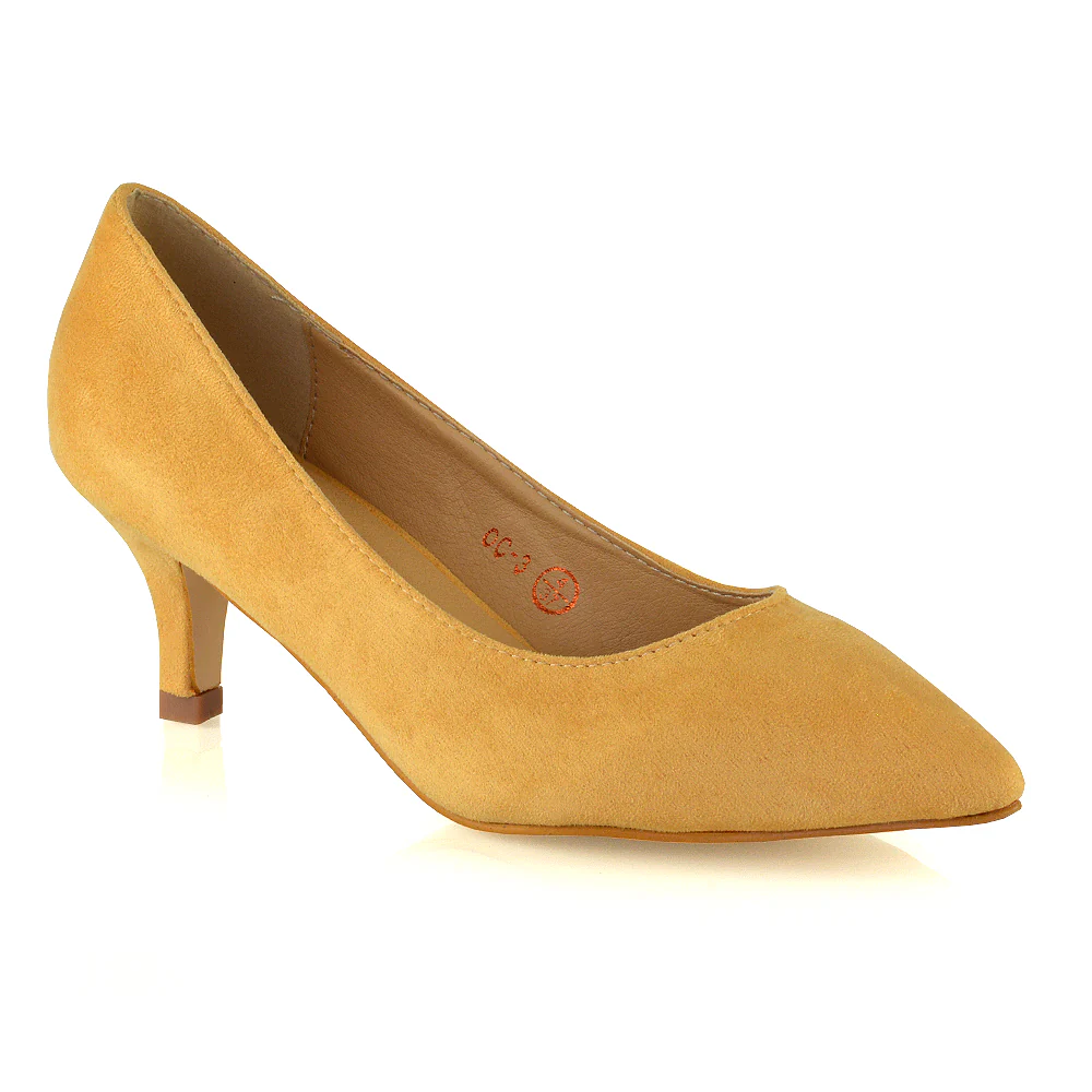 Cali Pointed Toe Slip on Low Stiletto Kitten High Heel Court Shoes in Red - Image 20