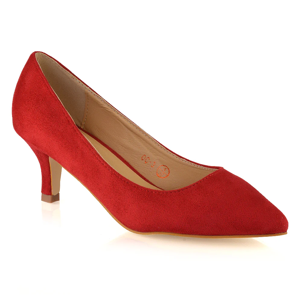 Cali Pointed Toe Slip on Low Stiletto Kitten High Heel Court Shoes in Red - Image 6