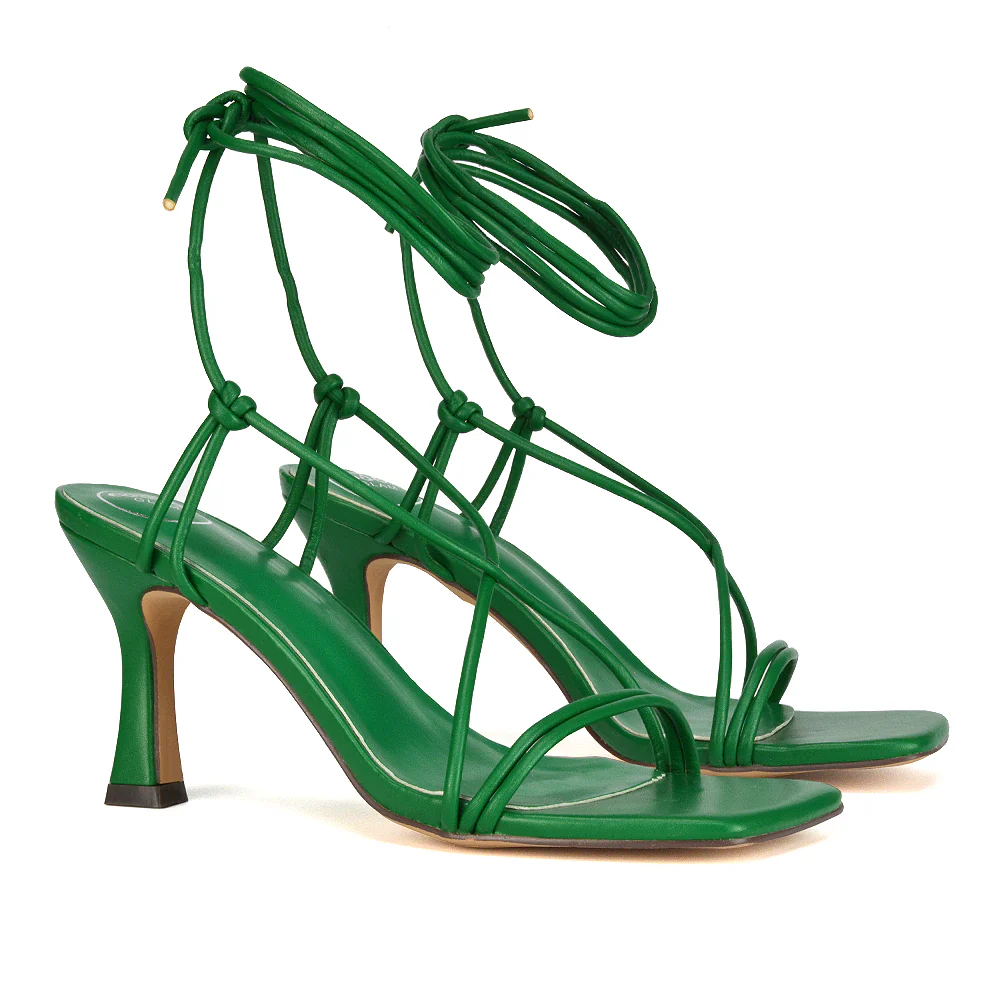 Callie Lace Up Square Toe Mid High Heel Sandals in Green Synthetic Leather - Image 51