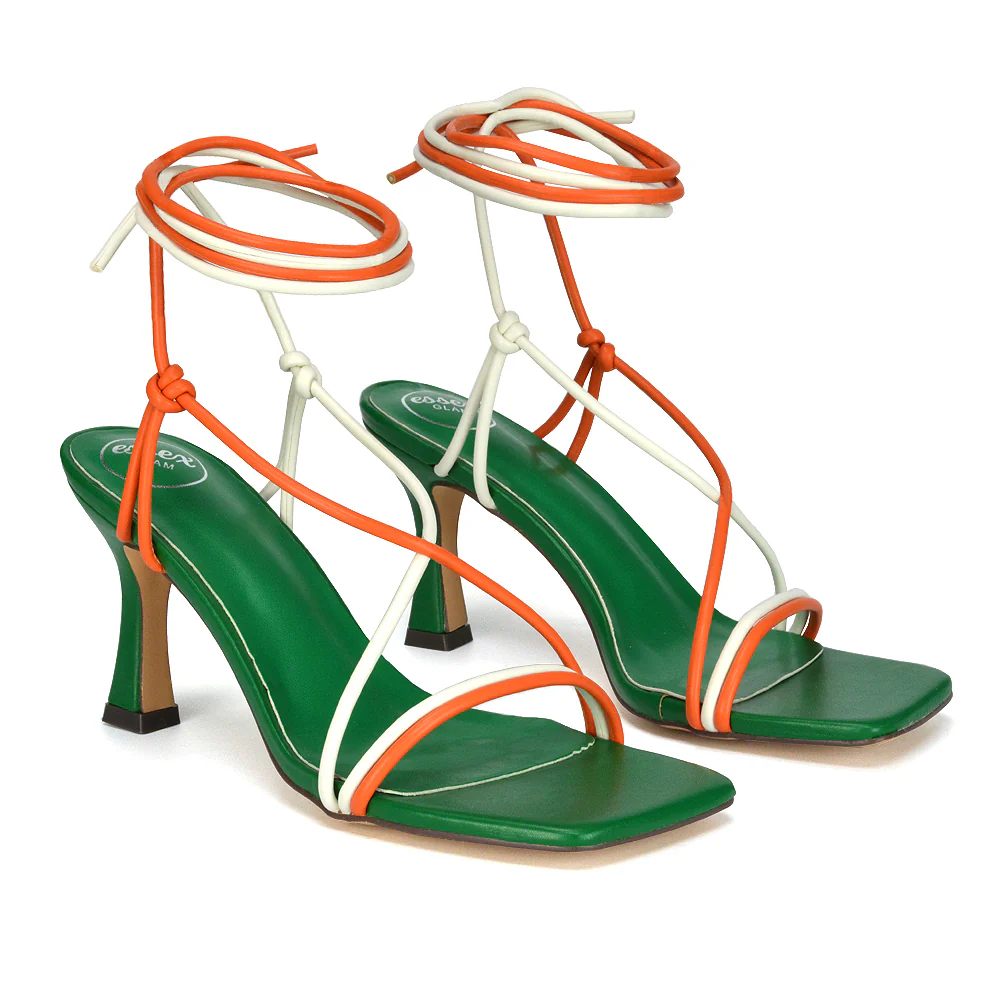 Callie Lace Up Square Toe Mid High Heel Sandals in Green Synthetic Leather - Image 65