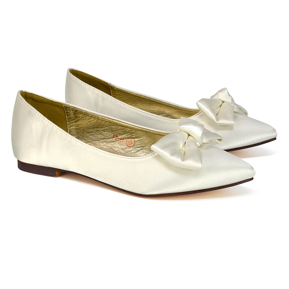 Cally Bow Detail Pointed Toe Ballerina Bridal Flats Pump Shoes in Ivory Satin - Image 110
