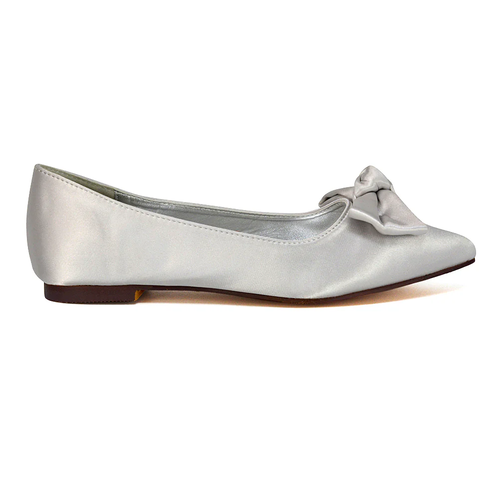 Cally Bow Detail Pointed Toe Ballerina Bridal Flats Pump Shoes in Ivory Satin - Image 133